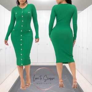 🚨 LAST ONE 🚨!!! Kelly Green Sweater Knit Dress with Gold Button Accent - NWT